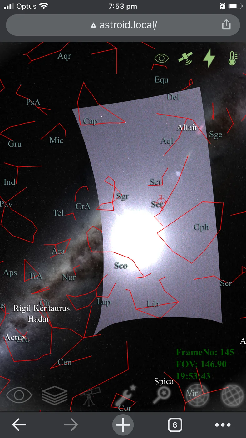 Astroid eFinder AR sky view running in a smartphone browser